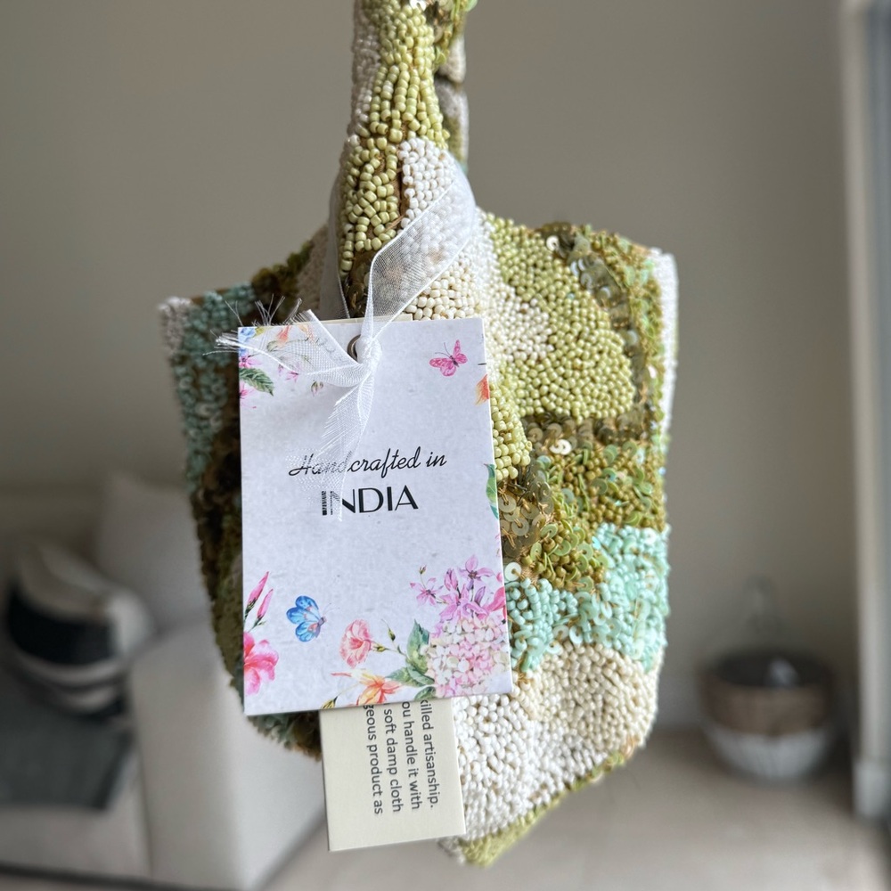 Handmade Green & Cream Beaded Hobo Bag – Sequin Abstract Pattern - Picture 4 of 7